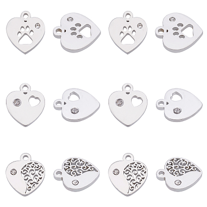 304 Stainless Steel Charms, Manual Polishing, with Crystal Rhinestone, Heart