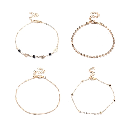 4Pcs 4 Style Alloy Chain Anklets Set with Heart, Clear Cubic Zirconia Tennis Anklets for Women