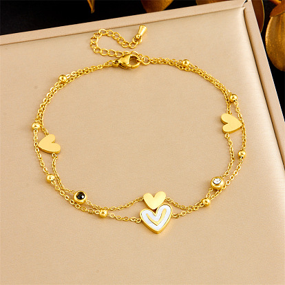 304 двухслойные браслеты на лодыжку из нержавеющей стали с прозрачными и черными кубическими цирконами и натуральными белыми ракушками