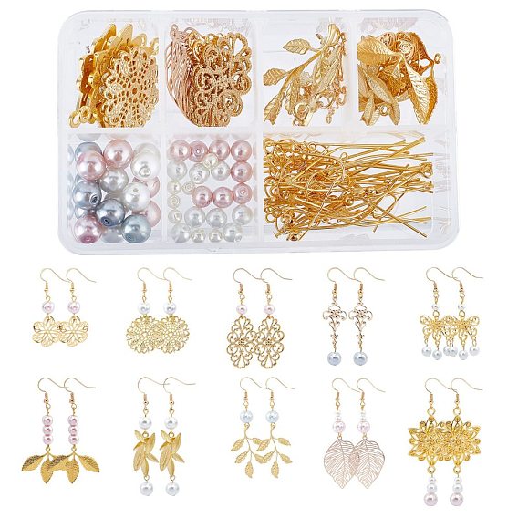 DIY Earring Making Kits, Including Brass & Iron Filigree Joiners Links, Brass Pendants & Earring Hooks, Glass Pearl Beads