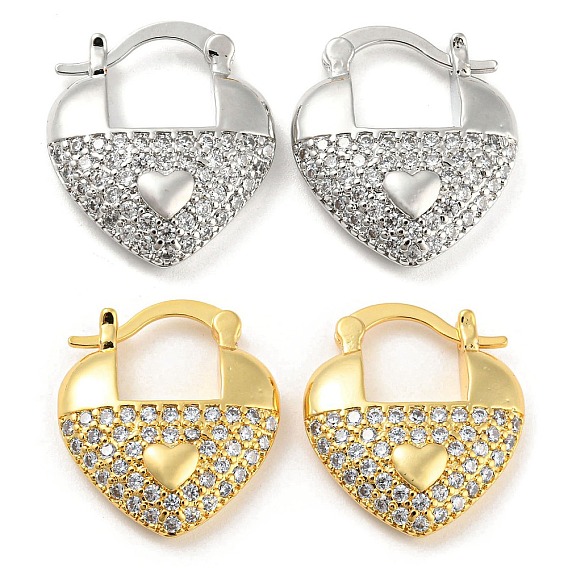 Серьги-кольца из латуни с микропаве в форме сердца в форме сердца, толстые серьги-кольца с прозрачными фианитами, долговечный, без кадмия и без свинца