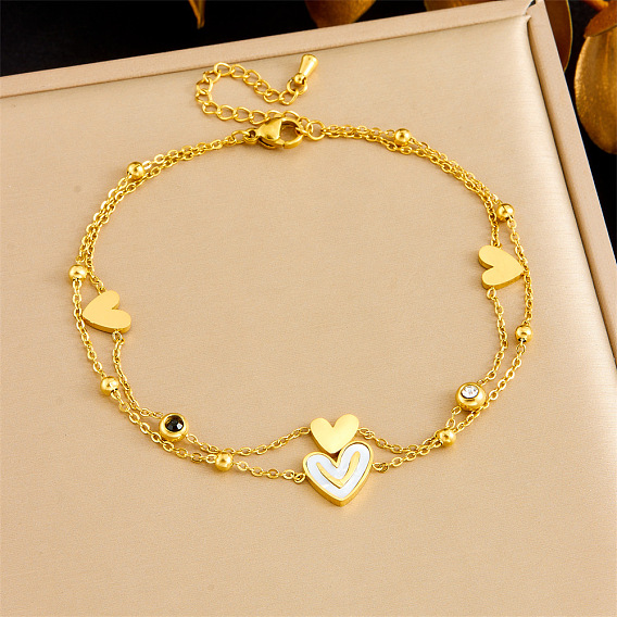 304 двухслойные браслеты на лодыжку из нержавеющей стали с прозрачными и черными кубическими цирконами и натуральными белыми ракушками