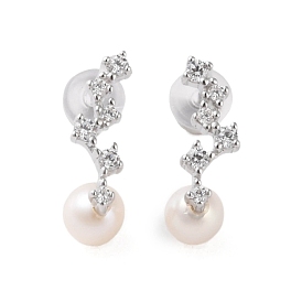925 Sterling Silver Studs Earring, with Cubic Zirconia and Natural Pearl, Branch