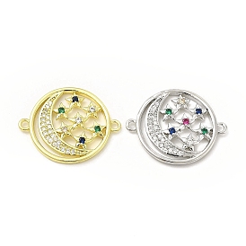 Brass Micro Pave Colorful Cubic Zirconia Connector Charms, Moon with Star Links