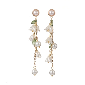 Flower ABS Plastic & Glass Pearl Dangle Stud Earrings, Golden Brass Chain Tassel Earrings for Women