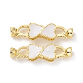 Brass Micro Pave Clear Cubic Zirconia Fold Over Clasps, with White Shell, Cadmium Free & Lead Free, Heart