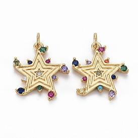 Brass Micro Pave Cubic Zirconia Pendants, with Jump Rings, Nickel Free, Star