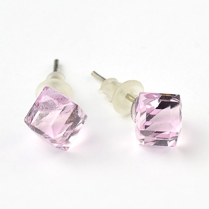 Shiny Glass Rhinestone Stud Earrings, with Platinum Brass Ear Stud Components, 9x7mm, Pin: 0.7mm