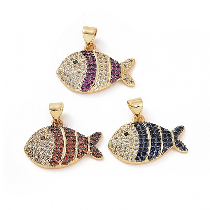 Brass Micro Pave Clear Cubic Zirconia Pendants, Cadmium Free & Lead Free, Fish