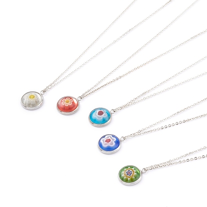 Handmade Millefiori Glass Pendant Necklaces, with Brass Cable Chains, Flower, Platinum