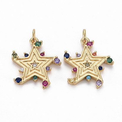 Brass Micro Pave Cubic Zirconia Pendants, with Jump Rings, Nickel Free, Star