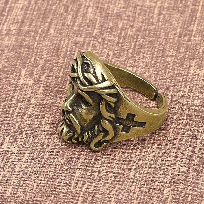Retro Brass Saint with Cross Open Cuff Ring, Easter Theme Chunky Ring for Men Women