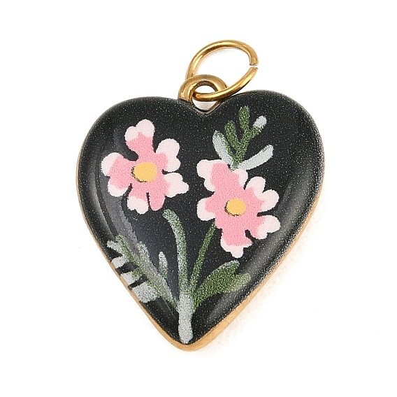 Pendentifs en laiton peint, coeur avec breloques fleurs, or