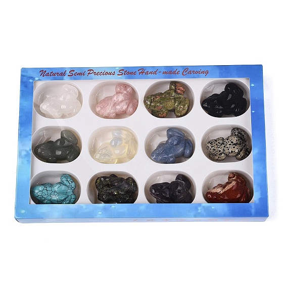 Natural & Synthetic Mixed Gemstone Frog Figurines Set, Ornament for Home Office Desktop Decoration, with Paper Gift Box