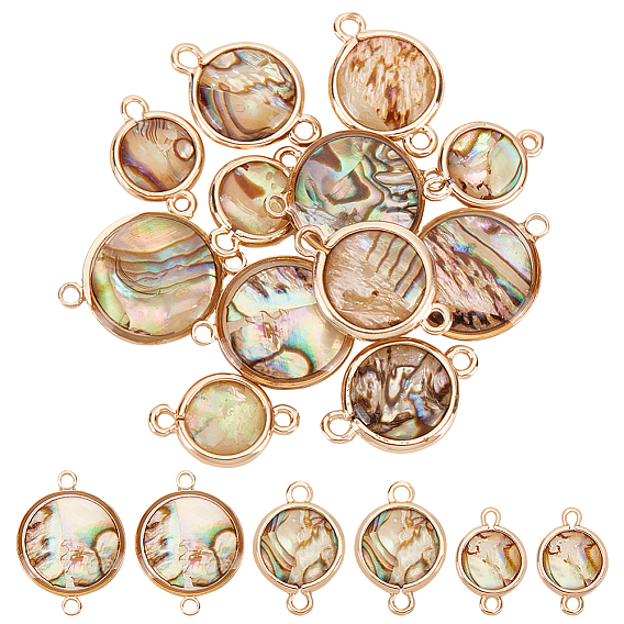 12 шт 3 стили натуральный пауа ракушка соединительные подвески, плоские круглые ссылки, с латунной фурнитурой 
