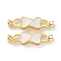 Brass Micro Pave Clear Cubic Zirconia Fold Over Clasps, with White Shell, Cadmium Free & Lead Free, Heart