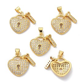 Brass Cubic Zirconia Pendants, Long-Lasting Plated, Lead Free & Cadmium Free, Real 18K Gold Plated, Heart Lock and Key