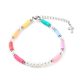 Polymer Clay Heishi Beaded Bracelets, with ABS Plastic Imitation Pearl Beads and 304 Stainless Steel Lobster Claw Clasps, Stainless Steel Color