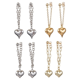 Heart with Chain Charm Brass Earrings, with Alloy Pendant & 304 Stainless Steel Ball Post Stud Earring Findings