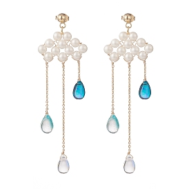 Shell Pearl Cloud with Glass Teardrop Dangle Stud Earrings, Golden 304 Stainless Wire Wrap Long Drop Earrings for Women