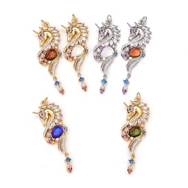 Brass Micro Pave Colorful Cubic Zirconia Pendants, with Brass Loops & Glass, Cadmium Free & Nickel Free & Lead Free, Seahorse, Real 18K Gold & Real Platinum