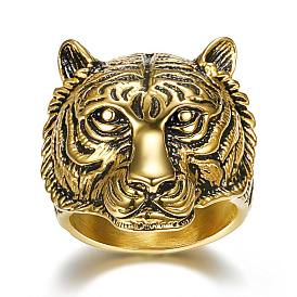 Stainless Steel Ring for Men, Tiger Head Wide Band Ring