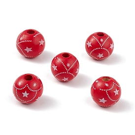 Printed Natural Wood European Beads, Large Hole Bead, Round with Christmas Theme Pattern
