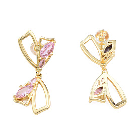 Cubic Zirconia Bowknow Stud Earrings, with Ear Nuts, Golden Brass Jewelry for Women, Nickel Free