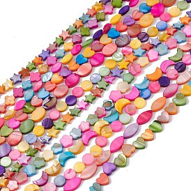 10 Strands Colorful Natural Freshwater Shell Dyed Beads Strands, Moon & Flower & Horse Eye, Mixed Shapes