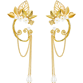 Серьги-каффы из сплава в виде листьев, с искусственным жемчугом из АБС-пластика и железными цепями