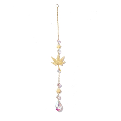 Hanging Suncatcher, Iron & Faceted Glass Pendant Decorations, with Jump Ring, Maple Leaf
