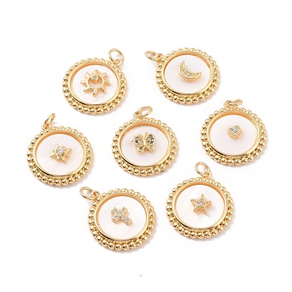 Rack Plating Brass Micro Pave Clear Cubic Zirconia Pendants, with Shell, with Jump Ring, Long-Lasting Plated, Flat Round with Mixed Shapes