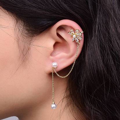 Flower Cubic Zirconia Asymmetrical Earrings, Brass Ear Cuff Wrap Climber Earrings, Crawler Earrings Dangling Chain, with Silver Pins