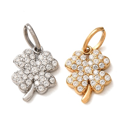 304 Stainless Steel Micro Pave Clear Cubic Zirconia Charms, Clover Charms