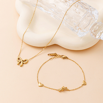 Сладкий 201 комплект из ожерелья с кулоном в виде банта из нержавеющей стали и браслета в форме сердца для модных дам