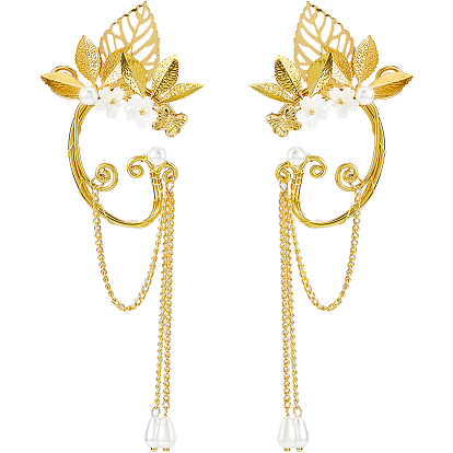 Серьги-каффы из сплава в виде листьев, с искусственным жемчугом из АБС-пластика и железными цепями