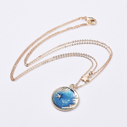 Pendant Double Layered Necklaces, with Alloy Enamel Pendants, Brass Findings and Cardboard Jewelry Set Boxes, Flat Round with Moon and Star