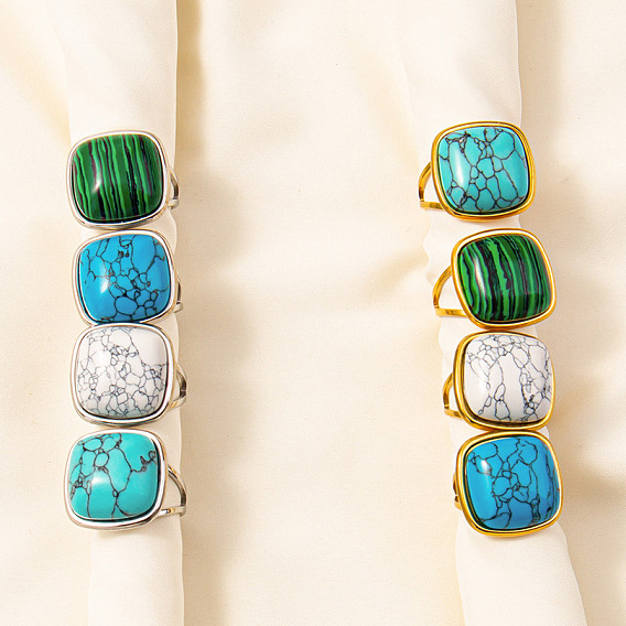 Регулируемые 304 манжеты из нержавеющей стали с открытыми кольцами для женщин, квадратный, золотой / нержавеющая сталь цвета