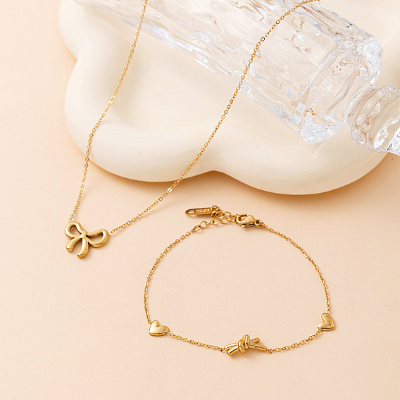 Сладкий 201 комплект из ожерелья с кулоном в виде банта из нержавеющей стали и браслета в форме сердца для модных дам