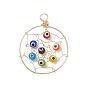 Wire Wrapped Handmade Evil Eye Lampwork Round Pendants, with Eco-Friendly Copper Wire, Flat Round