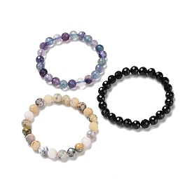 Natural Gemstone Beaded Stretch Bracelets, Faceted Round