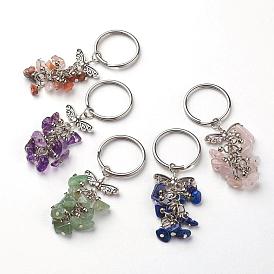 5 piezas de llavero de piedras preciosas naturales, con fornituras de aleación de estilo tibetano, antigüedades plata y platino, mariposa