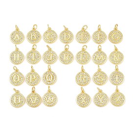 Brass Micro Pave Clear Cubic Zirconia Charms, Flat Round & Letter A~Z Charms