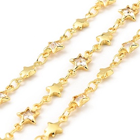 Handmade Brass Star Link Chains, with Clear Cubic Zirconia, Lead Free & Cadmium Free, Soldered, with Spool