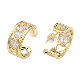 Cubic Zirconia Heart Half Hoop Earrings, Golden Brass Chunky Stud Earrings for Women, Nickel Free