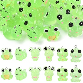 24Stück 6Stile leuchtende Frosch-Harzanhänger, Im Dunkeln leuchtende Anhänger mit farbbeschichtetem Edelstahl. 304 Edelstahlschlaufen, lime green