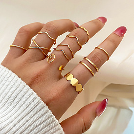 Alloy Open Ring Set with Cross Wave Love Heart Joint Ring - 10 Pieces