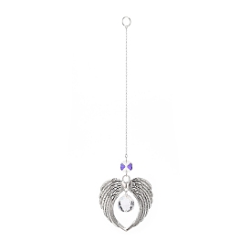 Wing Alloy Big Pendants Decoration, Hanging Suncatchers, with Glass Teardrop Pendant and Octagon Bead, for Home Decoration