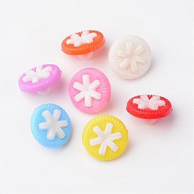 Acrylic Shank Buttons, Flat Round with Flower, 14x8mm, Hole: 3mm