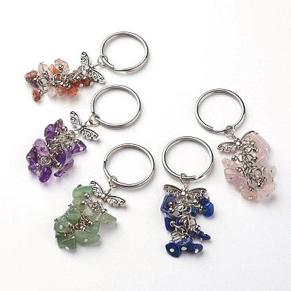 5 piezas de llavero de piedras preciosas naturales, con fornituras de aleación de estilo tibetano, antigüedades plata y platino, mariposa